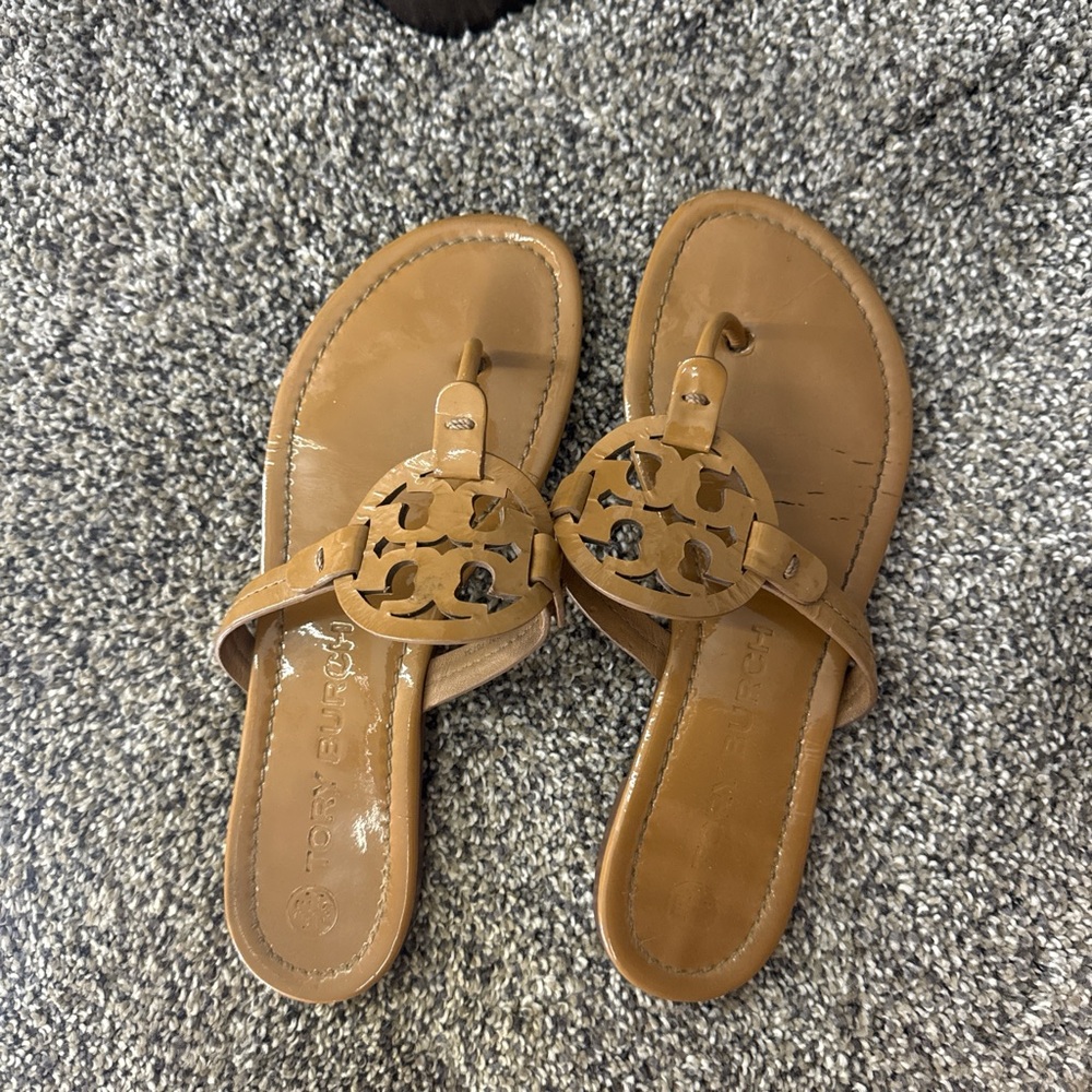 Tory Burch Tan Leather Logo Thong Sandals